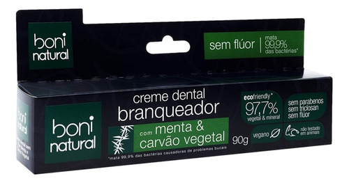 Creme Dental Branqueador Menta & Carvão Vegetal Boni Natural Caixa 90g