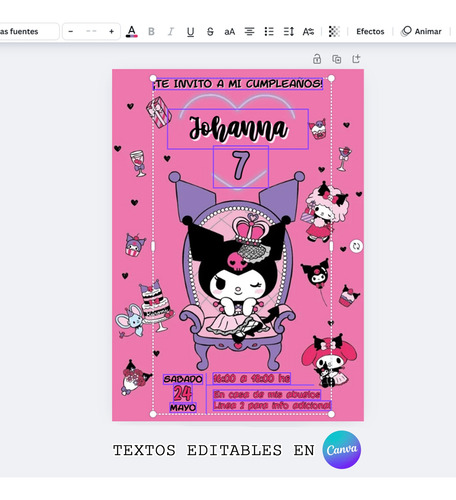 Invitacion Digital Kuromi Rosa Cumpleaños Nena - Whatsapp Editable En Canva