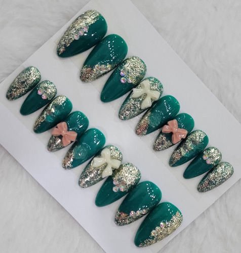 Uñas Press On Calidad Salon Uñas Adheribles Para Fiesta Rosa Verde Y Dorado Kit Adaptable Para Cualquier Talla (s/m/l)