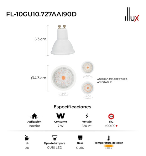 Foco Led Gu10 7w Ángulo Ajustable Illux Fl-10gu10.727aai90d Luz Luz Cálida (2700K)