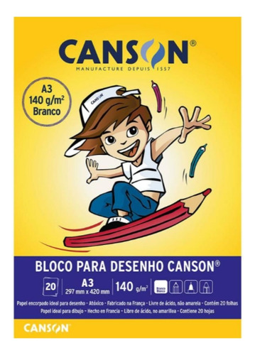 Bloco Papel Canson Desenho Escolar Branco 140g A3 20 Folhas