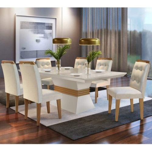 Conjunto Sala De Jantar Mesa Lucy 180 C/ 6 Cad. Imperatriz Cor Off White/Imbuia/Veludo Creme