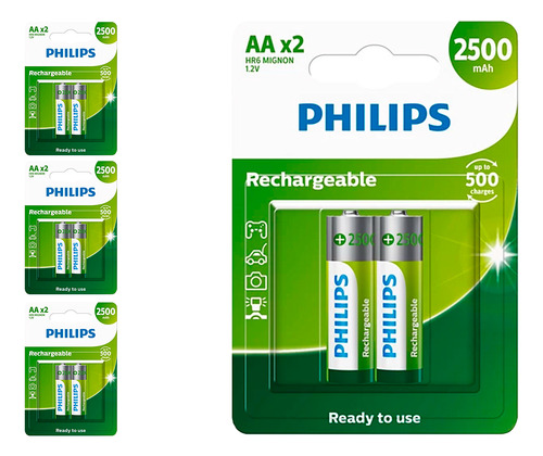08 Pilhas Aa Recarregáveis 2500mah Philips (4 Cart)