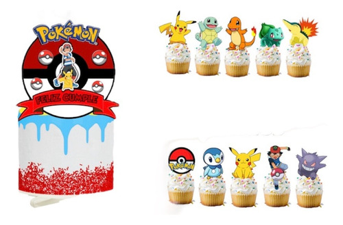 Pack Topper De Torta + 12 Pinchos Para Cup Cake Pokemon