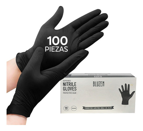 Guantes descartables antideslizantes Bluzen color negro talle M de nitrilo x 100 unidades