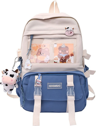 Mochila Escolar Kawaii Con Accesorios Resistente Azul-beige