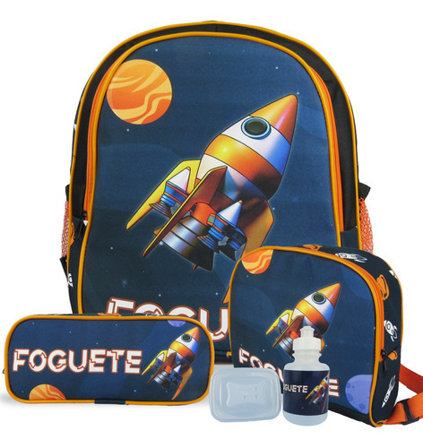 Kit Escolar Mochila Infantil De Costas Tam M Foguete