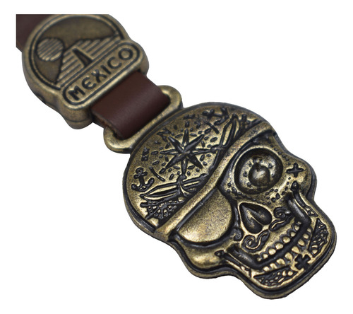 Llavero Calavera Metálico México Con Correa Cuero De Moda