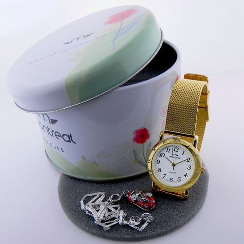 Combo Reloj Montreal Mujer Dorado + Cadena Con Dije Ml1464 Color del fondo Blanco