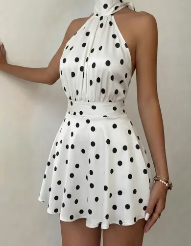 Vestido Curto Poa Soltinho Gola Alta Amarrar Casual Verão Branco G