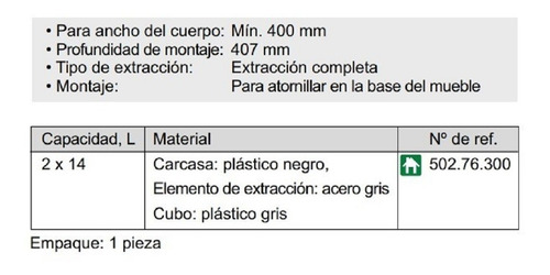 Cubo Cesto Residuos Doble Cod.hafele 502.76.300 Ref. 2x14 Lt