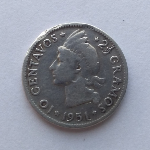 Moneda De 10 Centavos De 1951 Republica Dominicana.  Plata