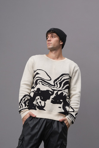 Sweater Tejido Hombre Oversize Combinado Beige Skull Bond