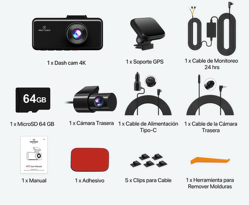Redtiger F17 | Dashcam | Kit Cable De Monitoreo 24 Hrs | Camara Frontal Interior Trasera