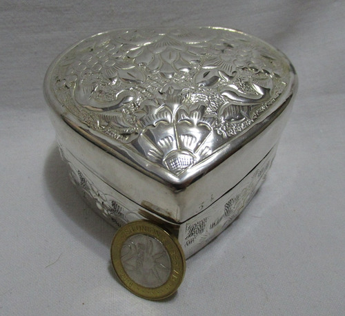 Antig Caja Tocador Alhajero Plateado Corazón Flores Relieve