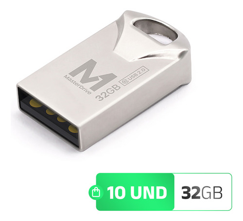 Kit 10 Pendrive Mini 32gb Atacado Masterdrive Usb2.0 Premium Prateado Logo