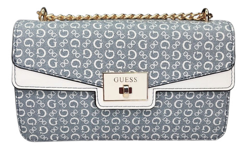 Bolsa Guess Sg970722 Nueva 100 % Original Con Etiqueta Azul Acero Estampado Oro Blanco