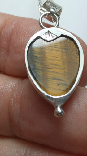 Dije Ojo De Tigre Engarce Plata 925 Con Cadena Obsequio. Marrones Iridiscentes