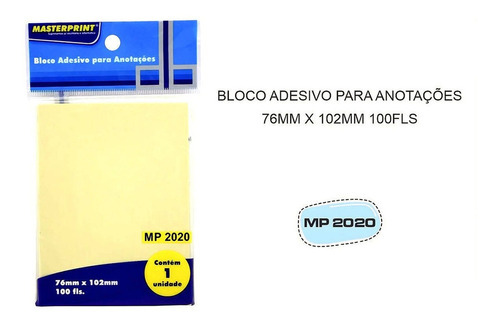 Bloco Adesivo P/ Anotações 76x102 100 Fls Masterprint Mp2020 Cor Amarelo