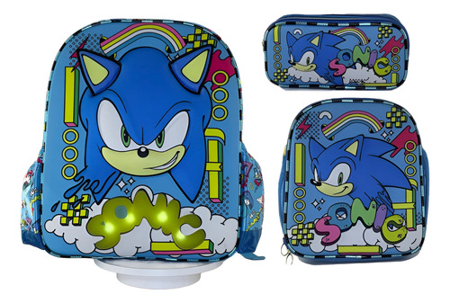 Kit Escolar Sonic 3d Con Luz Infantil Primaria Ruz Azul Claro Sonic