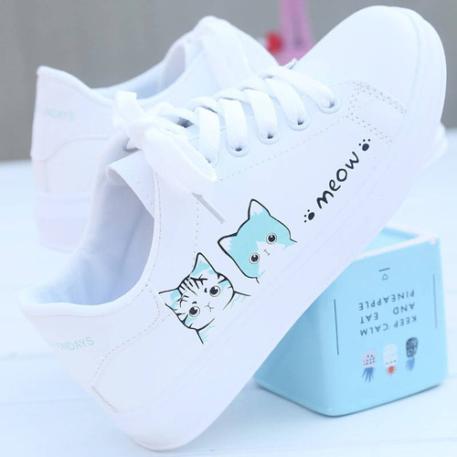 Zapatos Blancos Con Estampado De Gatos Lindos Para Mujer