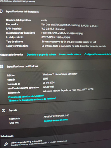Notebook Asus Rog Zephyrus M16 I7 W11 + Ventilador + Mochila (Usado)