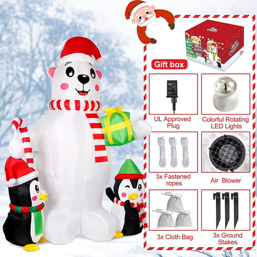 Pingüino Oso Polar Inflable De 6 Pies Decorado En Navidad
