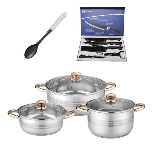 Set 3 Arroceras Acero Inox Grunberg C/cuchillos Y Utensilio