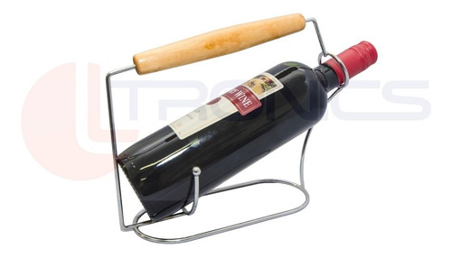 Porta Vinho Suporte Para Garrafa Cromado Alça De Madeira