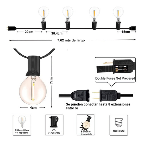 Imagen 8 de 10 de Extension Vintage Led Exteriores Bombillo Plastico G40