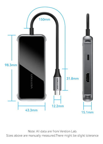Hub Usb Multipuerto Vention - 7 En 1 - Usb C A Hdmi + 3 Puertos Usb 3.0 + Lector De Tarjetas Sd Tf + Power Delivery 100w Usb C - 4k - Carcasa Aluminio - 15 Cm - Premium Para Pc / Mac / Laptop - Tfmhb