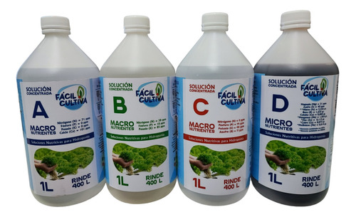 Sales Concentradas A + B + C + D Kit Hidroponía Facilcultiva