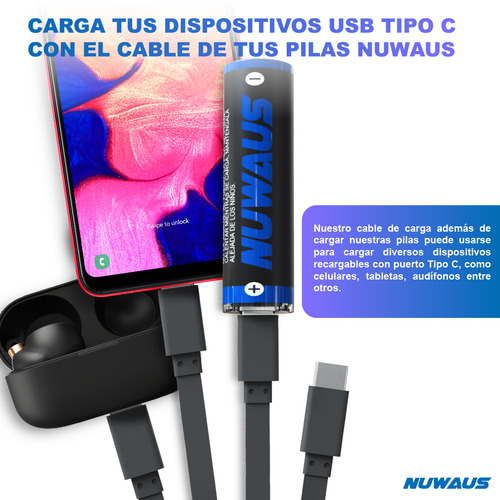 Nuwaus NUBAT002 pilas recargables con 2 pilas aa carga rapida tipo c