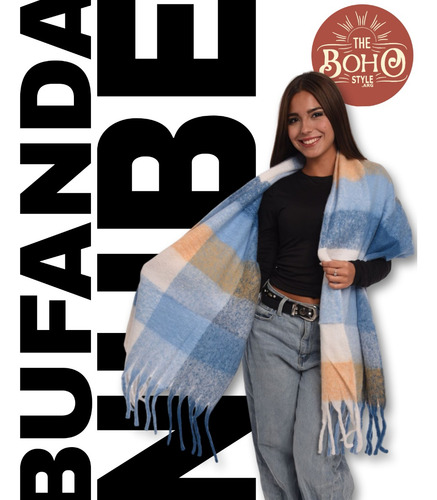 Bufandon Bufanda Maxi Nube Grande Amplia Afelpada Calentita1 Celeste Cuadrillé