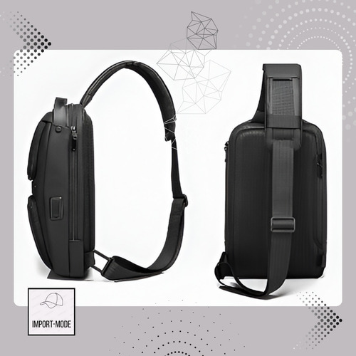 Bandolera Morral Multidivisoria Usb Impermeable Premium Negro Liso Níquel Negro