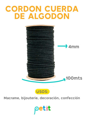 Cordon Cuerda De Algodon De 4mm A.64 Blanco O Negro X100m Negro
