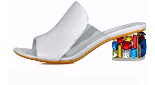 Sandalias Taco C/ Brillos Acrilicos Eco Cuero