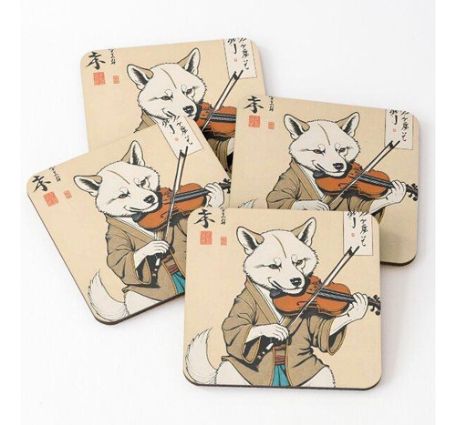 Set Posavasos Un Perro Japonés Tocando El Violín Calidad Pre