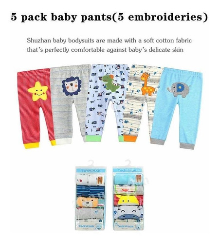 Imagen 2 de 7 de Pantalones Pack Set 5 Calzas De Algodón Bebe (niño) O (niña)
