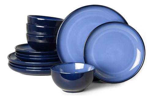 Juego De Vajillas De Gres Azul Pokini, 12 Pcs Placas De Esma