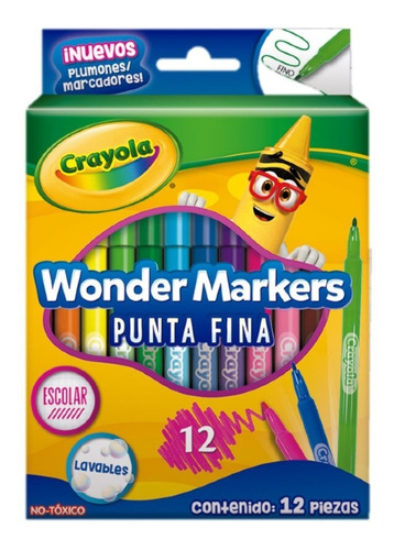 12 Plumones Escolar Punta Fina Wonder Marker Lavable Crayola