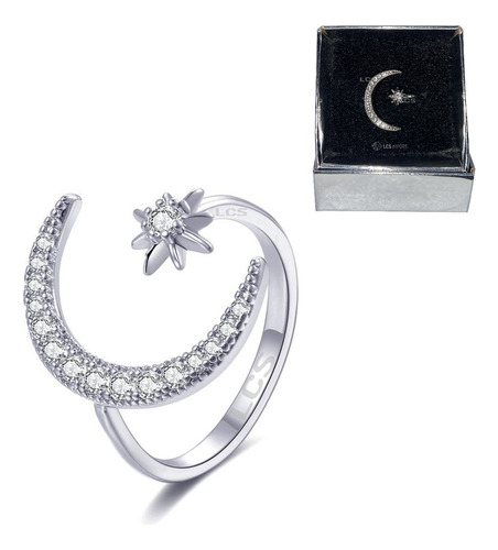 Anillo Luna Regulable Baño Rodio Con Estuche De Regalo