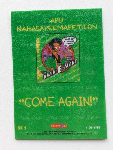 Cartas Simpsons Tempo Colección Bart Vs Australia Sf1 Apu
