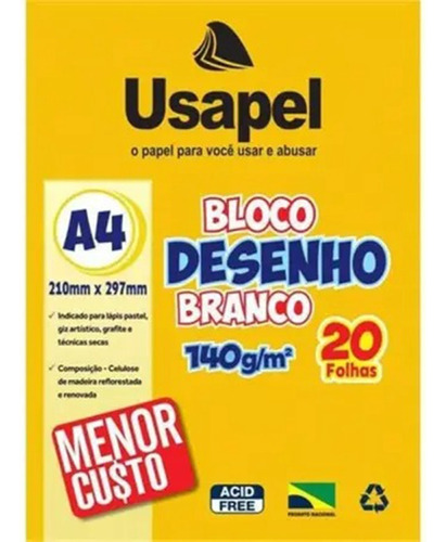 Bloco Desenho Escolar Branco 140g A4 210x297mm Pct 20fls