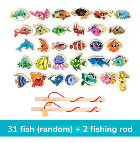 Juego De Pesca Milagrosa 2 Cañas Magneticas Madera 31 Peces