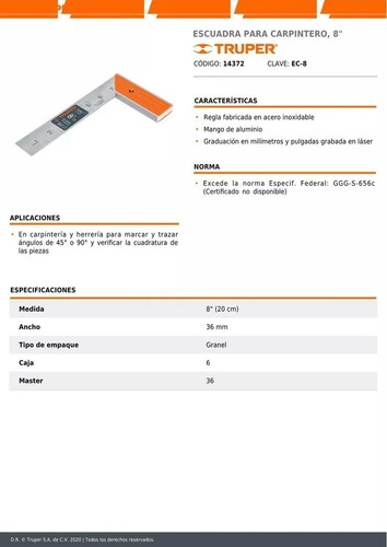Escuadra Carpintero 8 PuLG Truper Acero C/ Mango D Aluminio