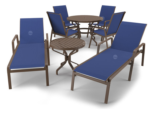 Kit 2 Espreguiçadeiras, 1 Conjunto Ripado 4 Cadeiras, 1 Mesa Lateral Ripado Aluv Móveis Alumínio Marrom Tela Azul