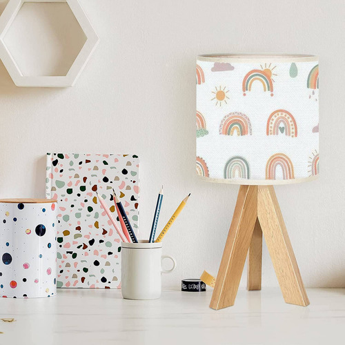 Lámpara De Mesa Arco Iris Con Trípode De Madera Y Lino