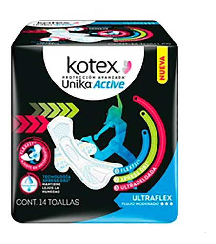 Toallas Femeninas Kotex Unika Active Con Alas 14 Toallas