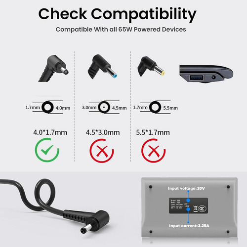 Cargador Para Lenovo 20v 3.25a 65w Punta Fina 4x1.7mm